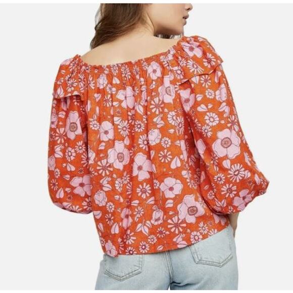 Free People Crop Top Womens Medium Orange Pink Floral Miss Daisy Smocked - Picture 2 of 11